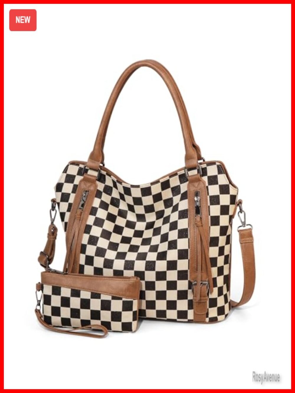 Checkered Tote Bag Large Hobo Shoulder Bag PU Leather Canvas Multiple Pockets